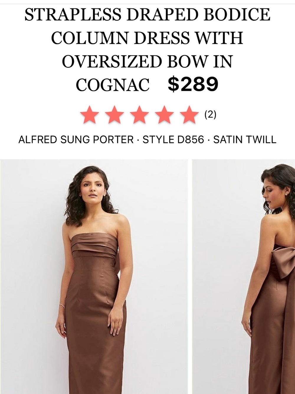 ALFRED SUNG Strapless Satin Column Dress in Cognac Brown